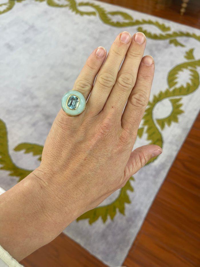 Lollipop Ring - Cushion Aquamarine in Hand Carved Peruvian Opal