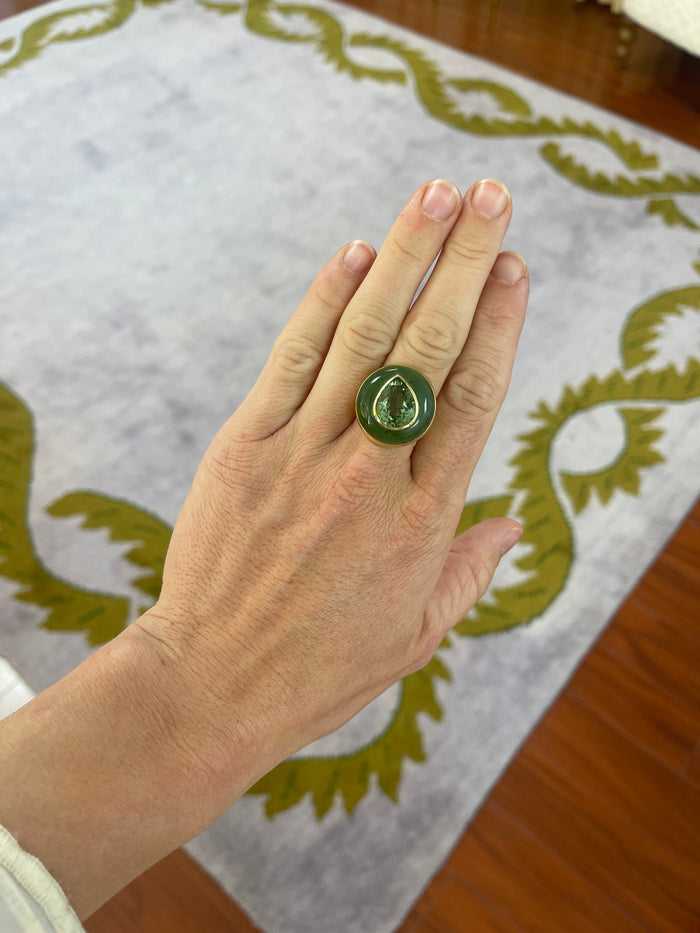 Lollipop Ring - 7.52ct Green Tourmaline in Hand Carved Nephrite Jade