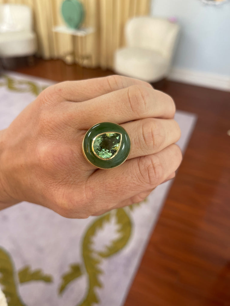 Lollipop Ring - 7.52ct Green Tourmaline in Hand Carved Nephrite Jade