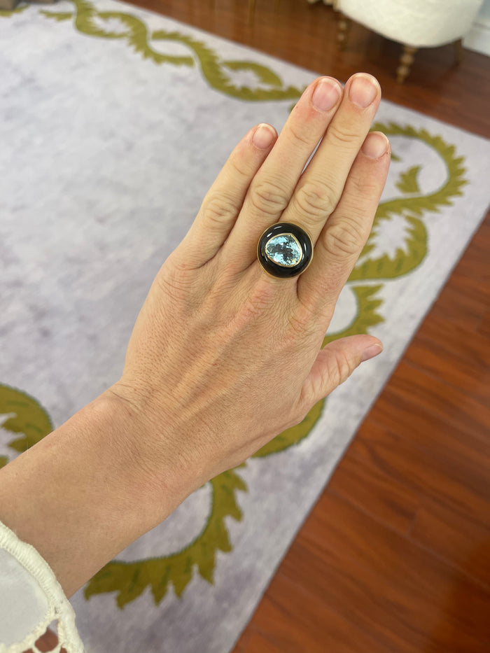 Lollipop Ring - 6.92ct Aquamarine in Hand Carved Black Jade