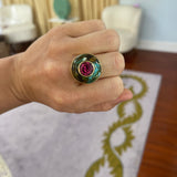 Lollipop Ring -  6.35ct Rhodolite Garnet in Hand Carved Turquoise