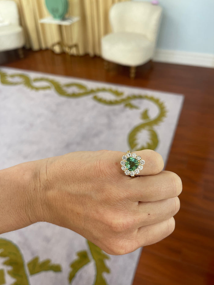 One of a kind 2.78ct Green Tourmaline Diamond Heirloom Bezel Ring