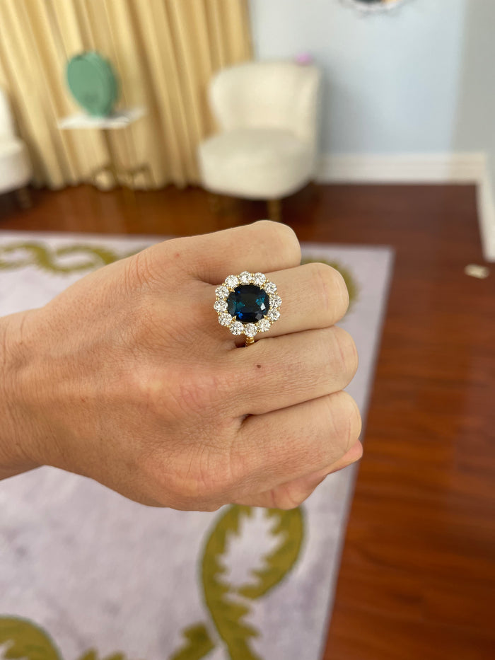 One of a kind 4.31ct Indicolite Diamond Heirloom Bezel Ring