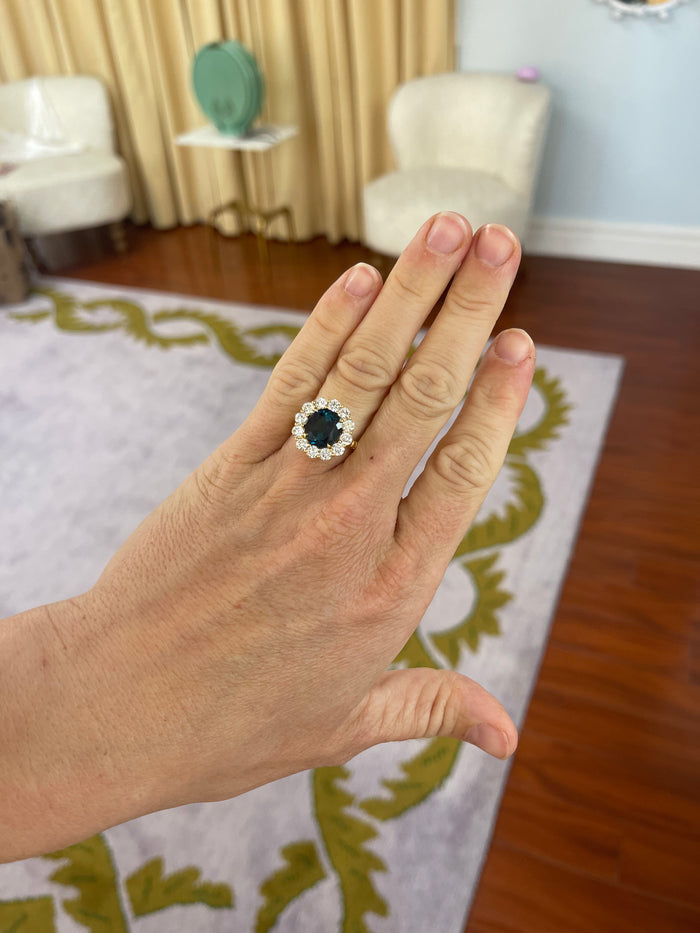 One of a kind 4.31ct Indicolite Diamond Heirloom Bezel Ring