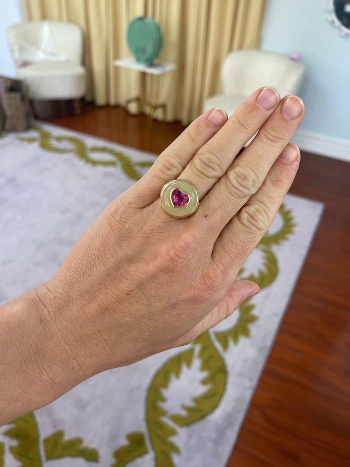 Petite Lollipop Ring -  2.32ct Rubellite Heart in Hand Carved Aquamarine