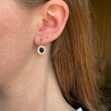 2.66ct Oval Blue Sapphires with Diamond Halo Heirloom Bezel Earrings