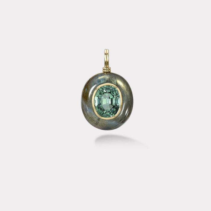 Lollipop Charm - 14.47cts Oval Green Tourmaline in Hand Carved Labradorite