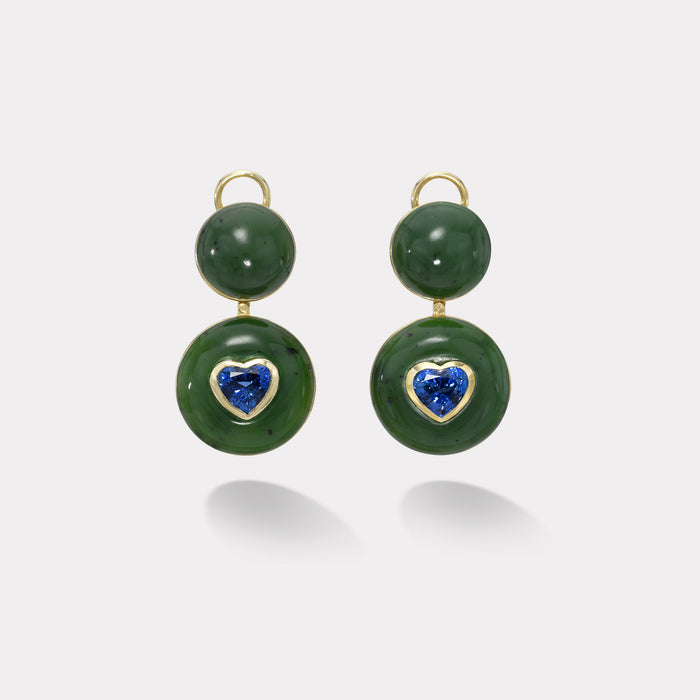 One of a Kind 3.06ct Blue Sapphires Hearts in Nephrite Jade Lollipop Earrings