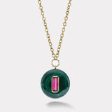 Lollipop Pendant - Elongated Emerald Cut Pink Tourmaline in Hand Carved Malachite