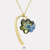 Large Flora Pendant with 1.71ct Oval Australian Opal in Hand Carved Labradorite and Trolleite