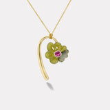 Large Flora Pendant with 1.85ct Cushion Pink Sapphire in Hand Carved Yellow Beryl and Labradorite