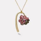 Large Bond Flower with a 2.43ct Cushion Rhodolite Garnet in Rhodonite and Dendrite
