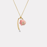 Oval Diamond Petite Flora Necklace with Hand Carved Rhodochrosite and Pink Opal