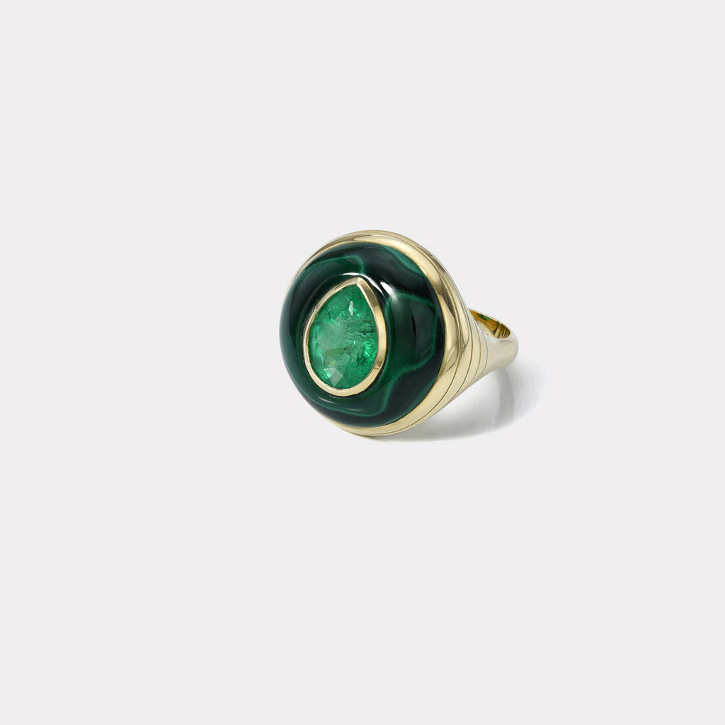 Petite Lollipop Ring - 2.1ct Pear Emerald in Hand Carved Malachite