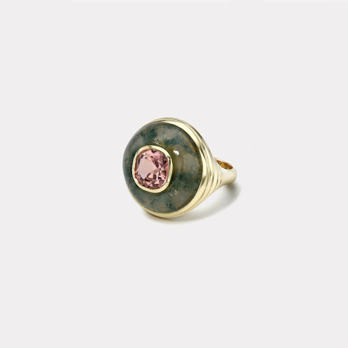 Petite Lollipop Ring - 2.54ct Pink Tourmaline Cushion in Hand Carved Moss Agate