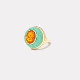 Petite Lollipop Ring - 2.9ct Oval Fire Opal in Hand Carved Green Turquoise