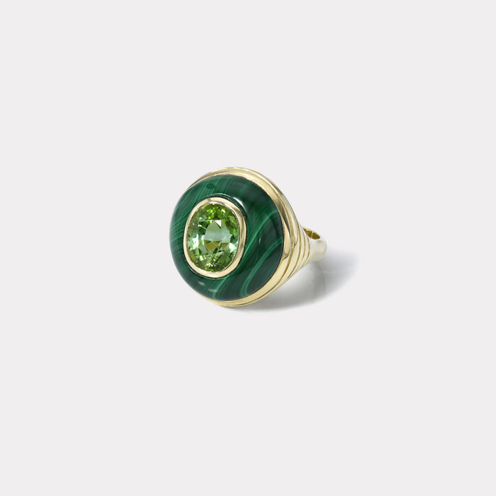 Petite Lollipop Ring - 3.69ct Oval Green Tourmaline in Hand Carved Malachite