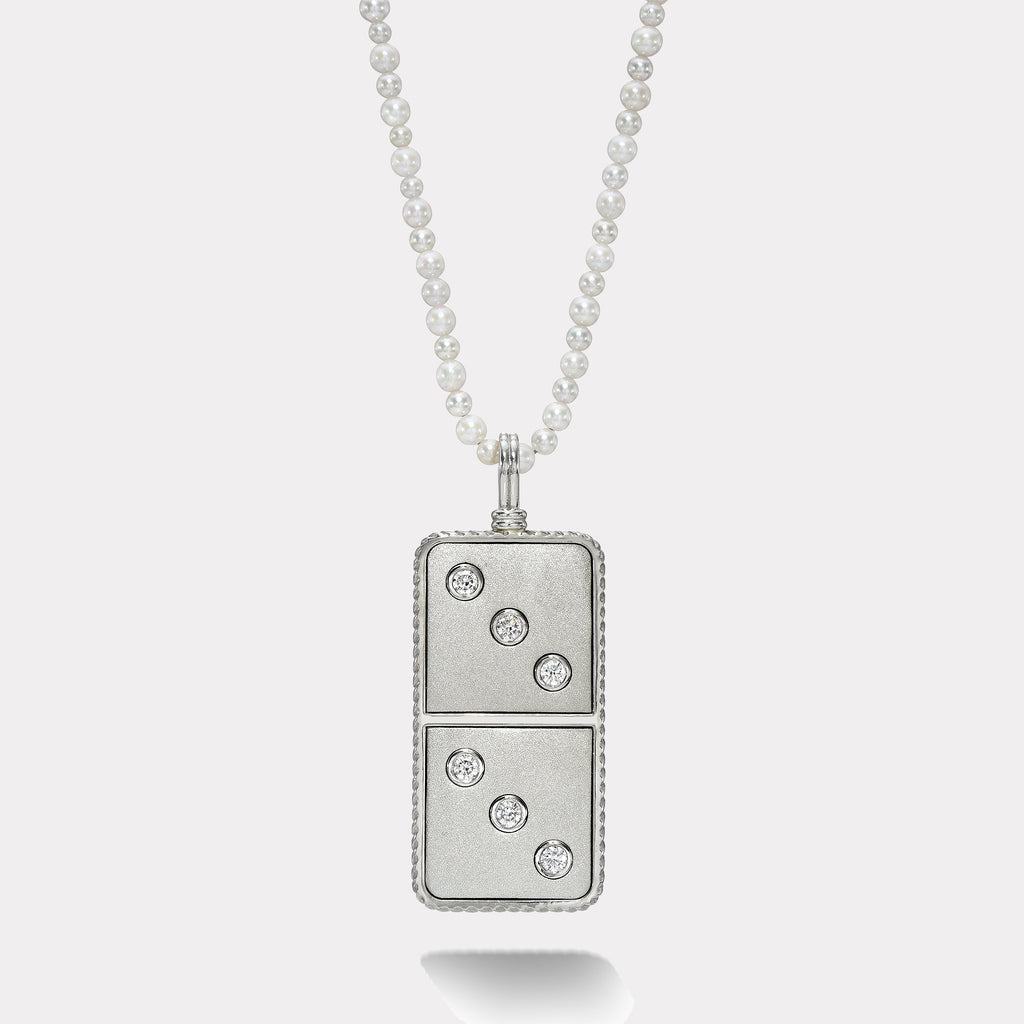 Classic Diamond Domino Necklace- Sandblasted Platinum with Acoya Pearl Chain
