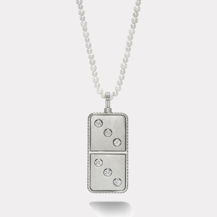 Classic Diamond Domino Necklace- Sandblasted Platinum with Acoya Pearl Chain