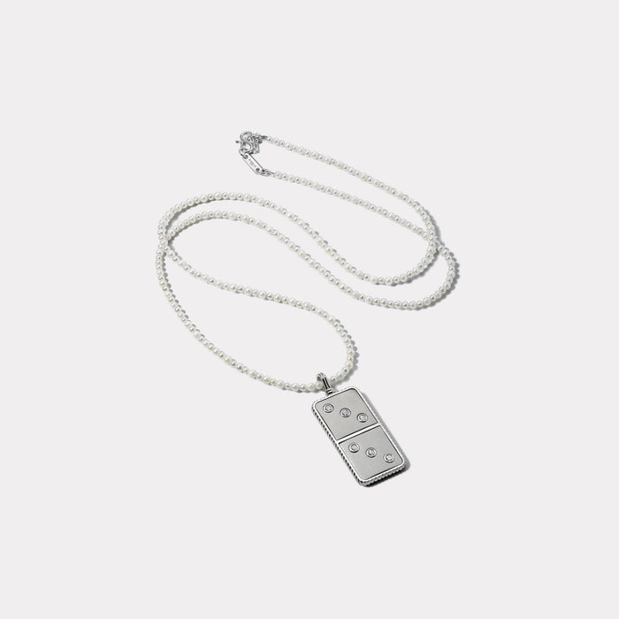 Classic Diamond Domino Necklace- Sandblasted Platinum with Acoya Pearl Chain