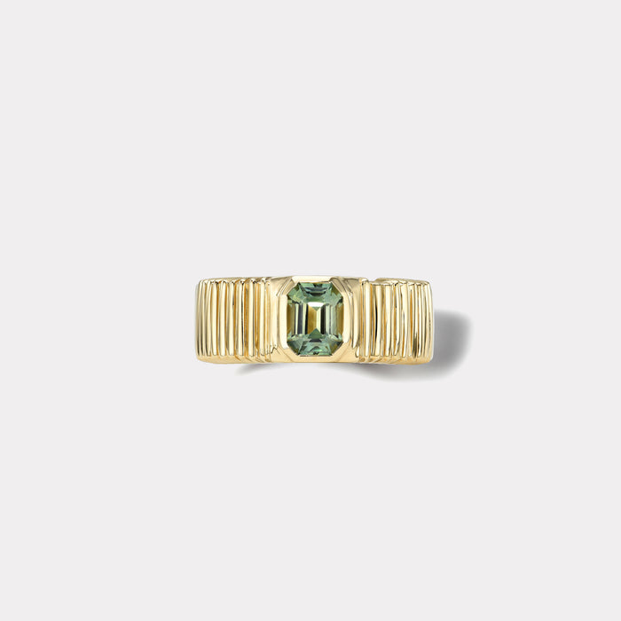 One of a kind Pleated Solitaire Band - 1.39ct Emerald cut Green Tourmaline