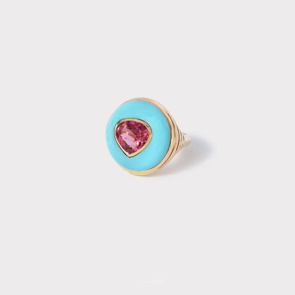 Petite Lollipop Ring - 1.30ct Pear Pink Tourmaline in Hand Carved Turquoise
