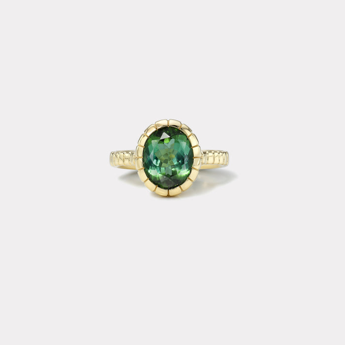 One of a kind 4.6ct Oval Green Tourmaline Heirloom Bezel Ring