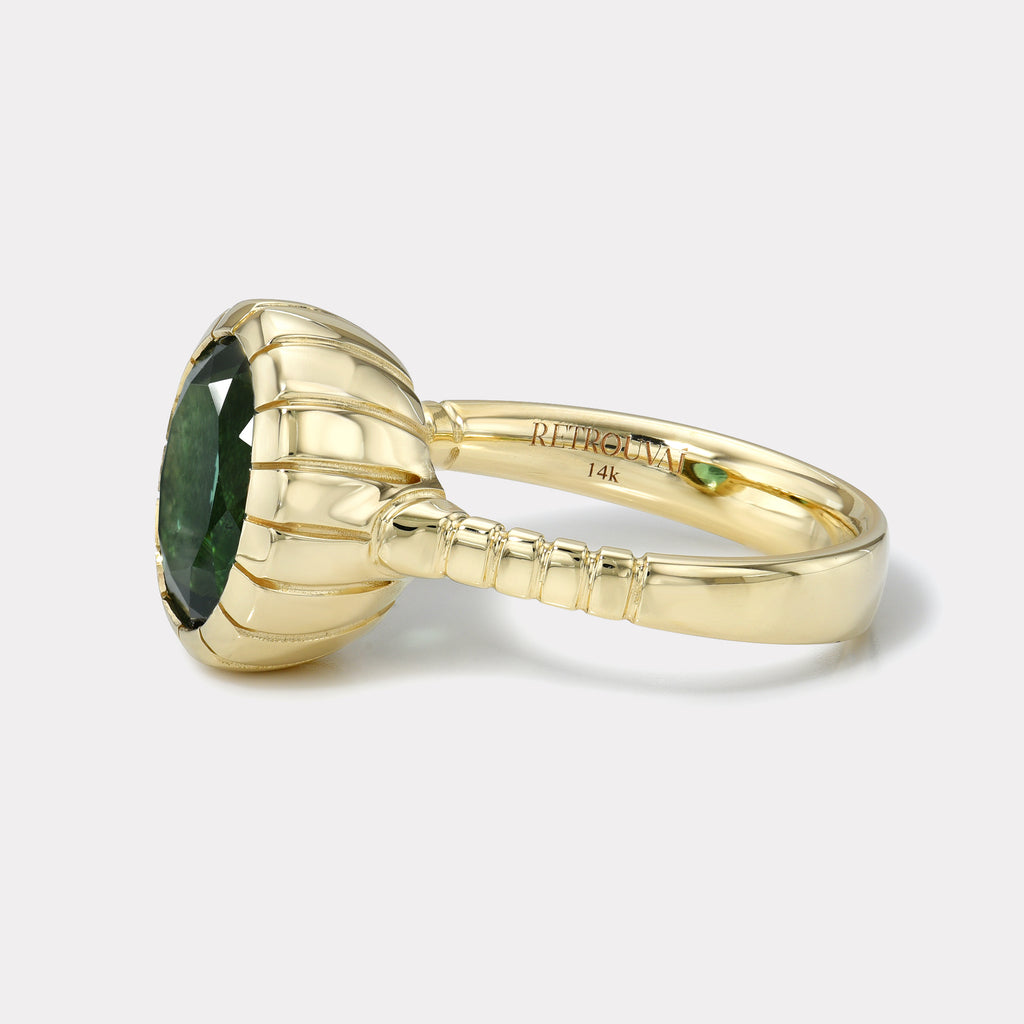 One of a kind 4.6ct Oval Green Tourmaline Heirloom Bezel Ring