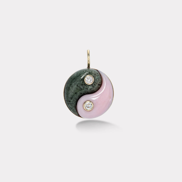 Double Stone Yin Yang Charm - Pink Opal and Moss Agate