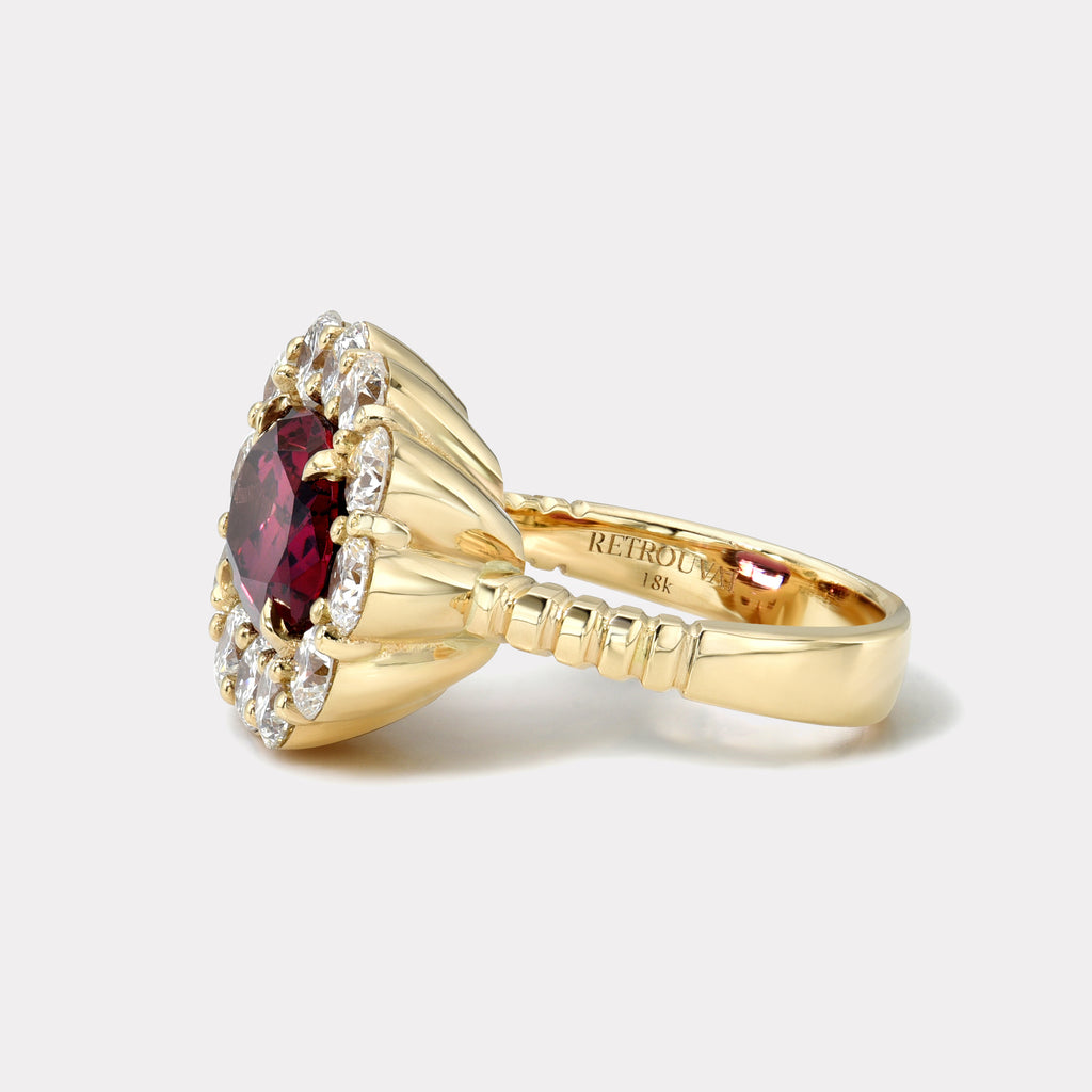 One of a kind 4.06ct Rhodolite Garnet Diamond Heirloom Bezel Ring