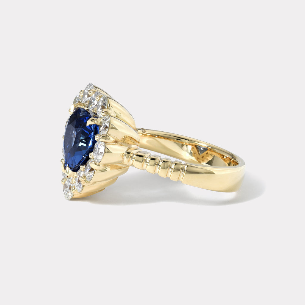 One of a kind 3.24ct Blue Sapphire and Diamond Heirloom Bezel Ring