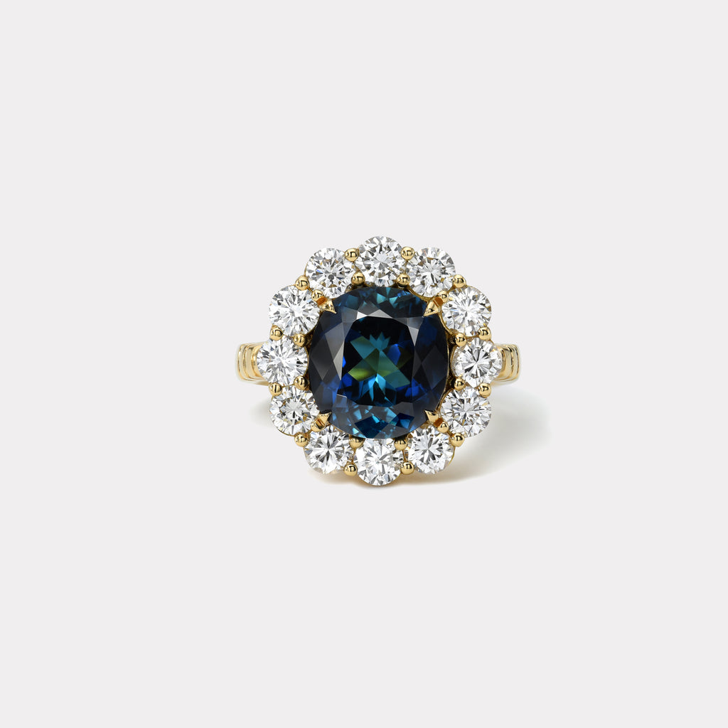 One of a kind 4.31ct Indicolite Diamond Heirloom Bezel Ring