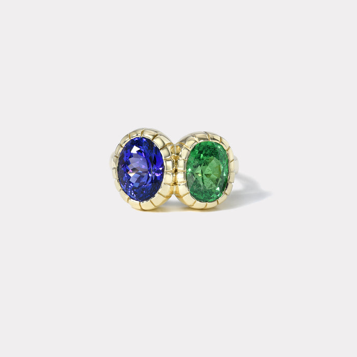 One of a kind Double Stone 3.05ct Tsavorite & 3.79ct Tanzanite Heirloom Bezel Ring