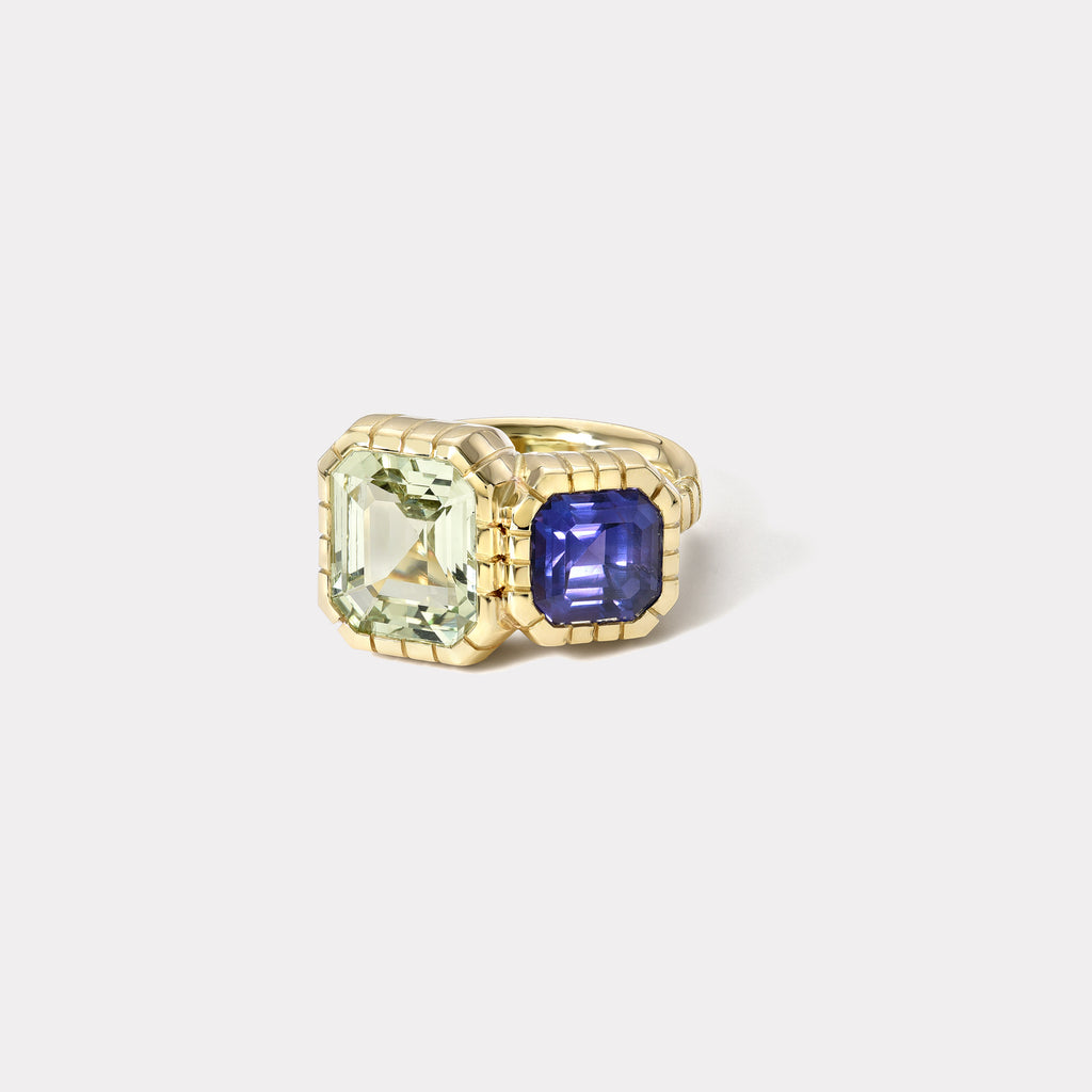 One of a kind Double Stone 5.25ct Unheated Chrysoberyl & 3.61ct Unheated Violet Sapphire Heirloom Bezel Ring