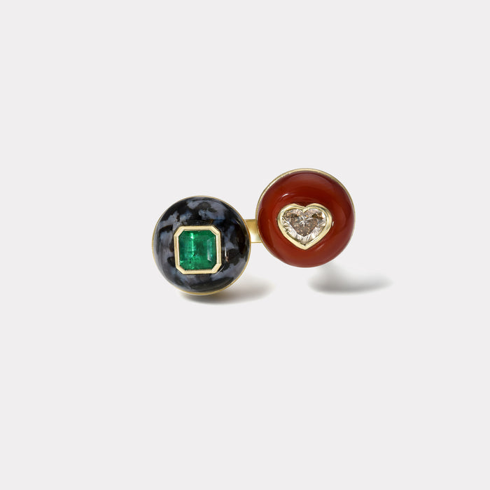 One of a Kind Double Stone Lollipop Ring - 0.94ct Emerald in Jasper/ 1.04ct Champagne Diamond in Carnelian