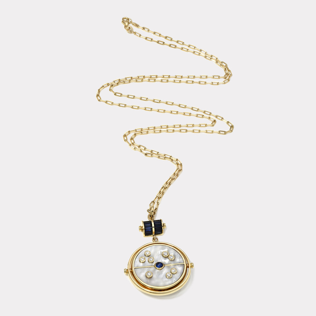 Grandfather Compass Pendant with White Mother of Pearl and Blue Sapphire