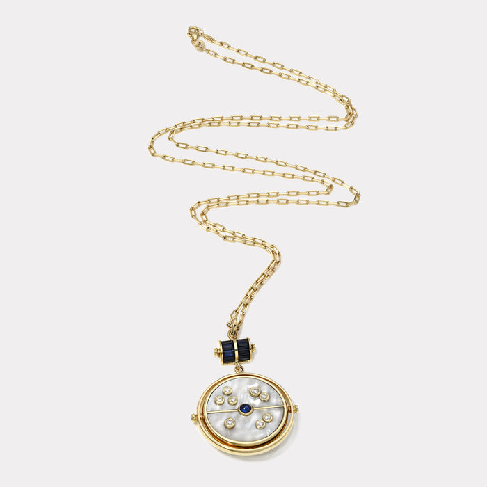 Grandfather Compass Pendant with White Mother of Pearl and Blue Sapphire