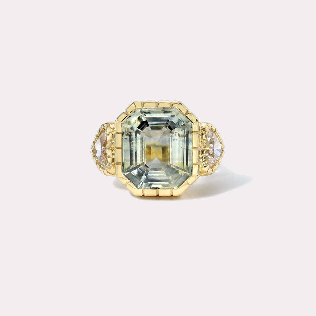 One of a kind 15.31ct Green Sapphire and GIA Diamond Heirloom Bezel Ring