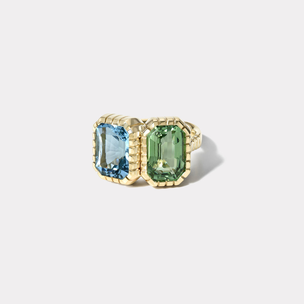 One of a kind Double Stone Heirloom Bezel Ring with 3.96ct Aquamarine and 3.9ct Green Tourmaline