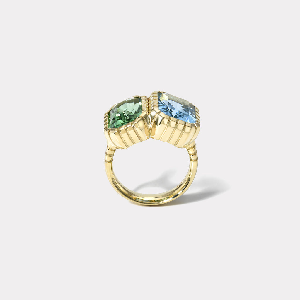 One of a kind Double Stone Heirloom Bezel Ring with 3.96ct Aquamarine and 3.9ct Green Tourmaline
