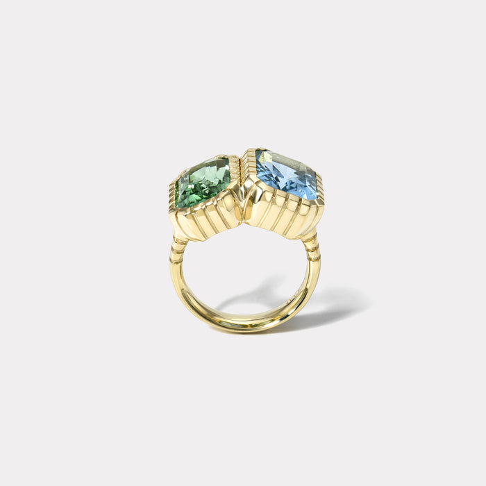 One of a kind Double Stone Heirloom Bezel Ring with 3.96ct Aquamarine and 3.9ct Green Tourmaline