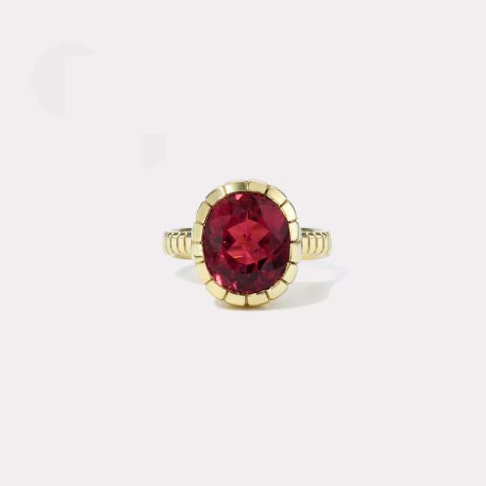 One of a kind  5.6ct Oval Rubellite Heirloom Bezel Ring