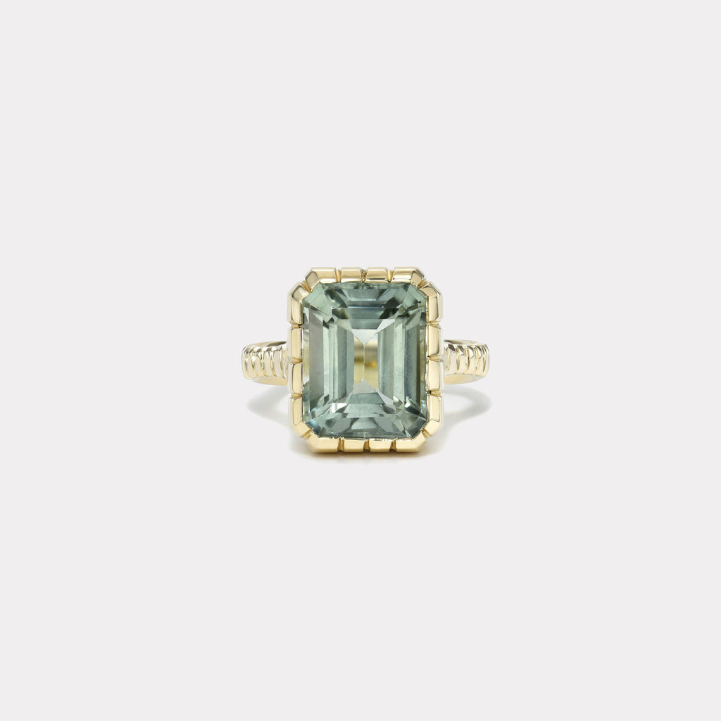 One of a kind 7.2ct Emerald Cut Green Tourmaline Heirloom Bezel Ring