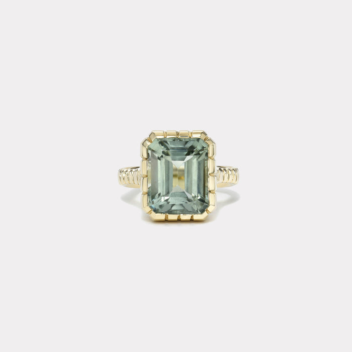 One of a kind 7.2ct Emerald Cut Green Tourmaline Heirloom Bezel Ring