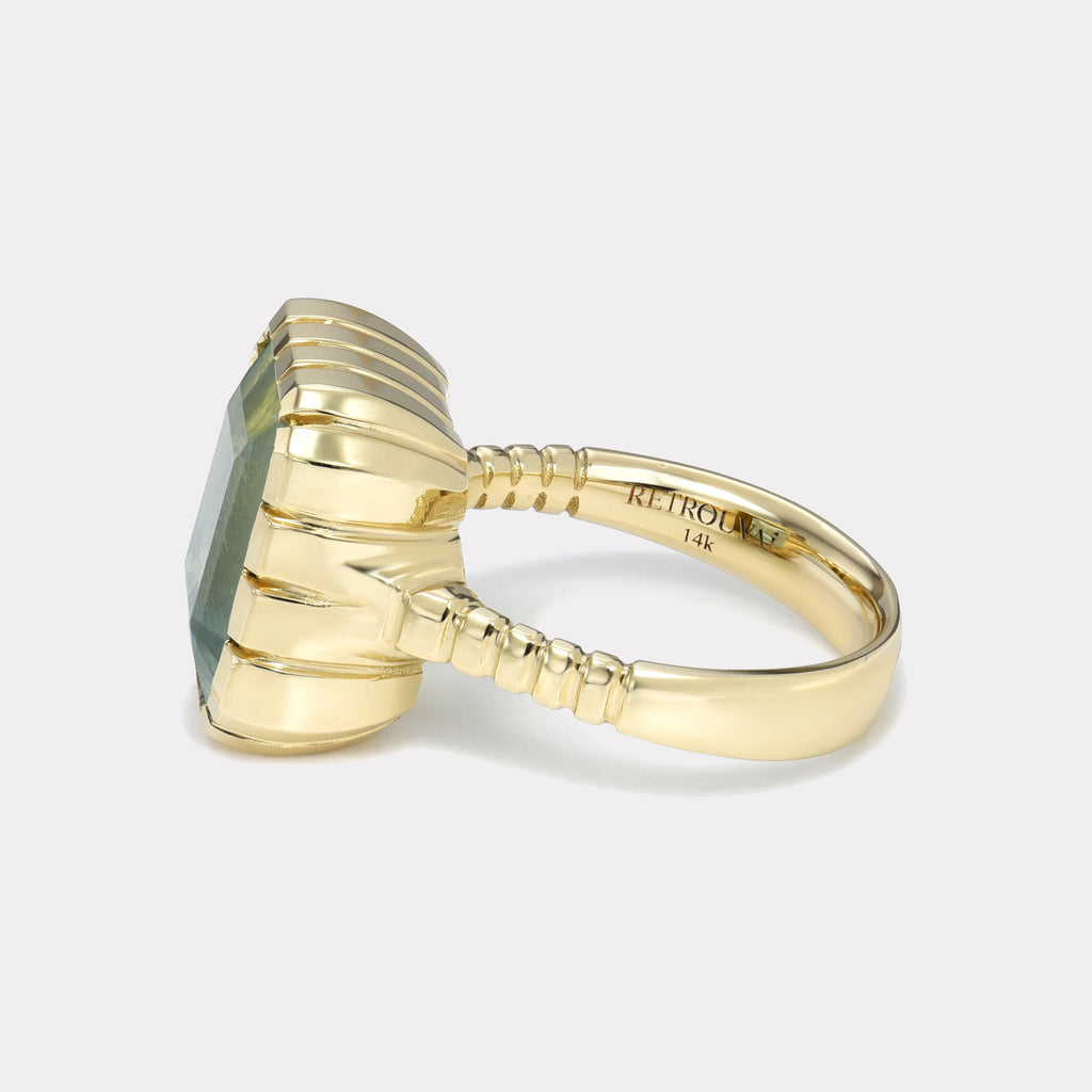 One of a kind 7.2ct Emerald Cut Green Tourmaline Heirloom Bezel Ring
