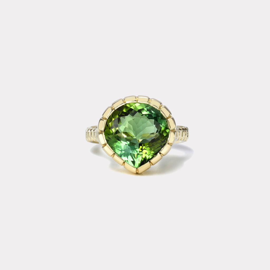 One of a kind 7.43ct Green Tourmaline Heirloom Bezel Ring