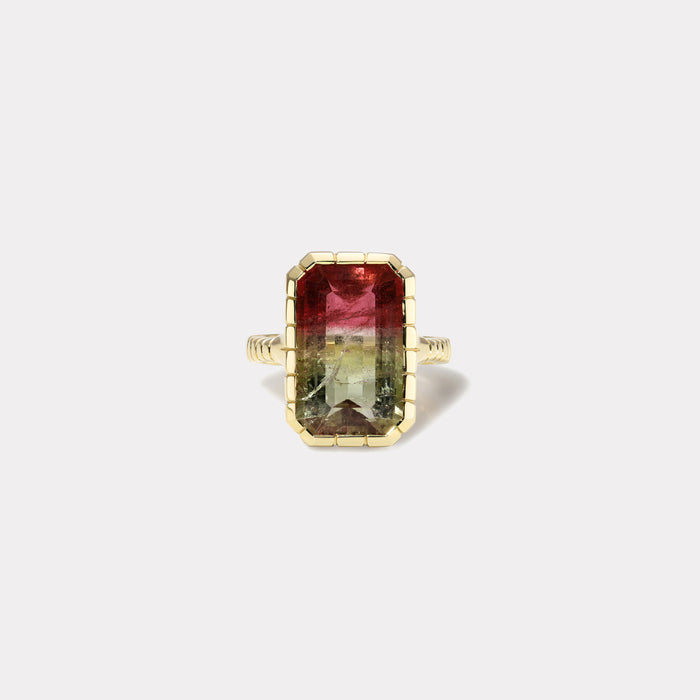One of a kind 8.85ct emerald cut Tourmaline Heirloom Bezel Ring