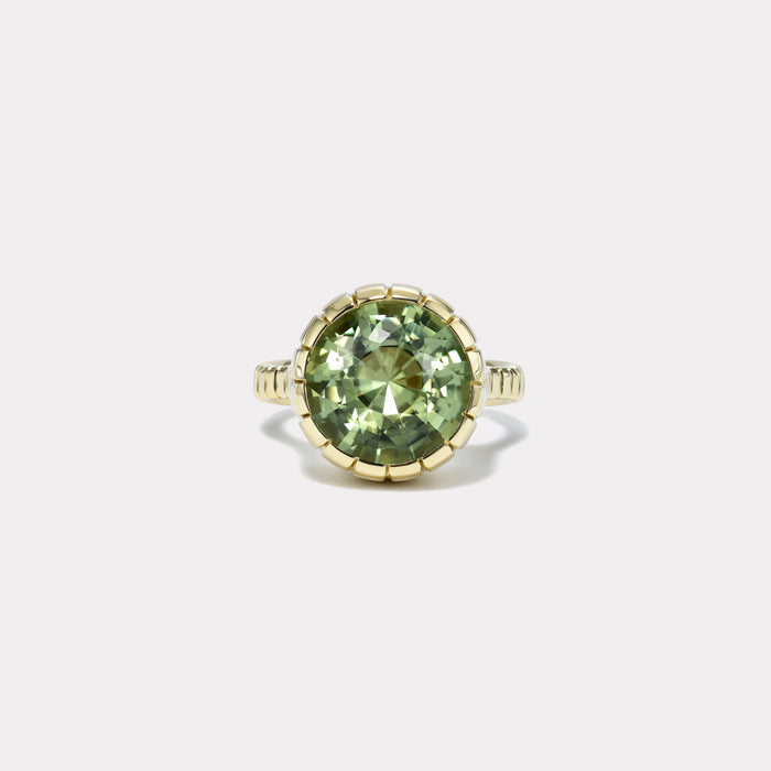 One of a kind 8.01ct Round Green Tourmaline Heirloom Bezel Ring
