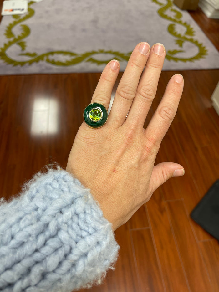 One of a Kind Lollipop Ring -  4.36ct Green Tourmaline in Malachite