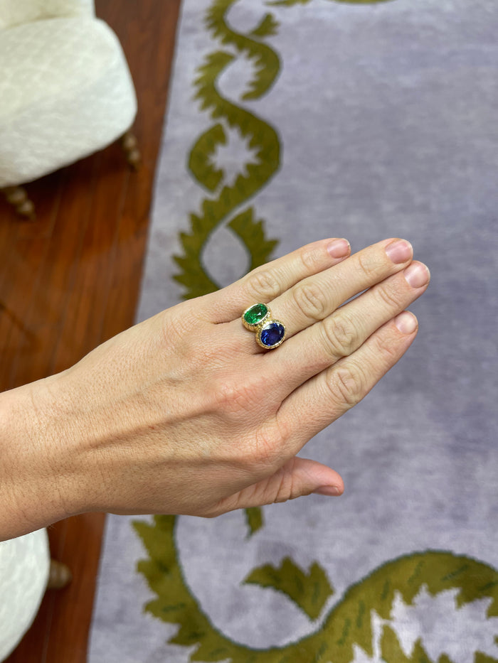 One of a kind Double Stone 3.05ct Tsavorite & 3.79ct Tanzanite Heirloom Bezel Ring